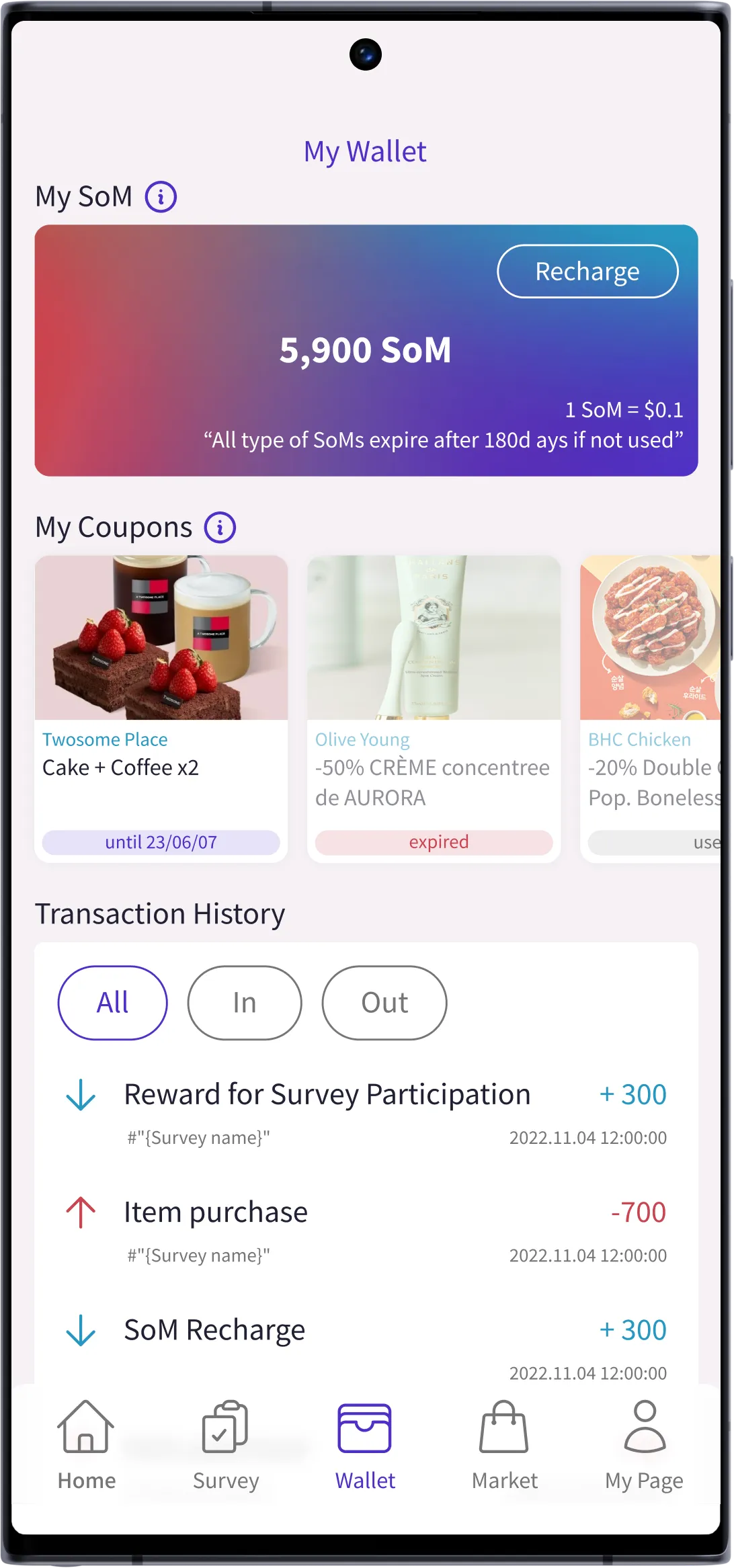 FingeRate App Screenshot of My Wallet page, showing amount of SoM points and coupons